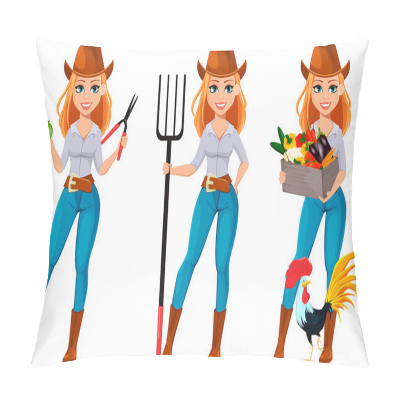 Personality  Young Pretty Farmer Woman In Cowboy Hat Pillow Covers