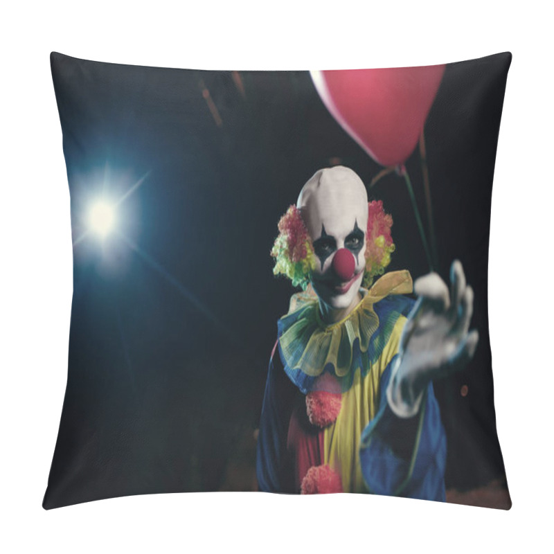 Personality  Image Of Clown With Red Balloon On Background Of Burning Lantern Pillow Covers