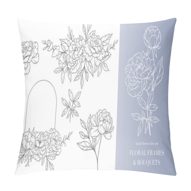 Personality  Peony Flower Line Art. Floral Frames And Bouquets Line Art. Fine Line Peony Frames Hand Drawn Illustration. Hand Draw Outline Leaves And Flowers. Botanical Coloring Page. Outline Peony Isolated Pillow Covers