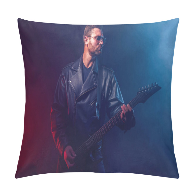 Personality  Heavy Metal Musician Is Playing Electrical Guitar. Shot In A Studio. Pillow Covers