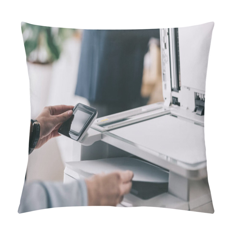 Personality  Cropped Shot Of Woman In Formal Wear Using Modern Copier Pillow Covers