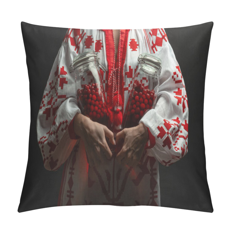 Personality  Woman In Ukrainian Traditional Vishivanka Dress Holding Traditional Infused Cranberries Spirit - Nalyvka Pillow Covers