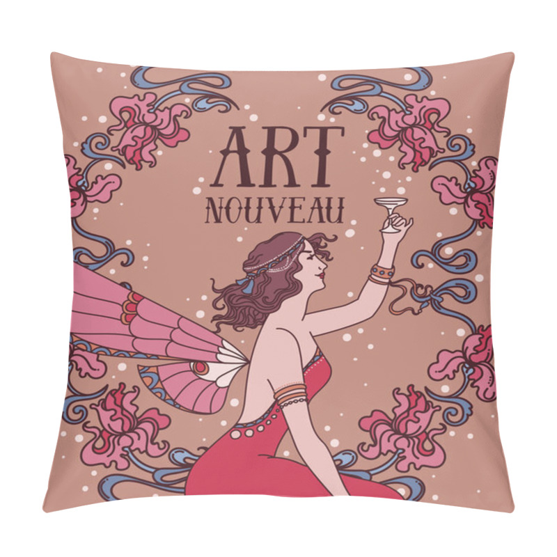 Personality  Beautiful Poster In Art Nouveau Style With Fairy Woman And Irises Floral Frame Pillow Covers