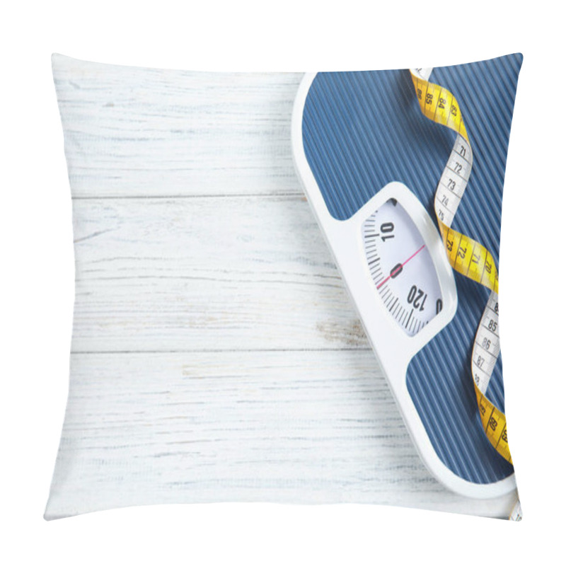 Personality  Scales And Measuring Tape On Wooden Background, Top View With Space For Text. Weight Loss Pillow Covers