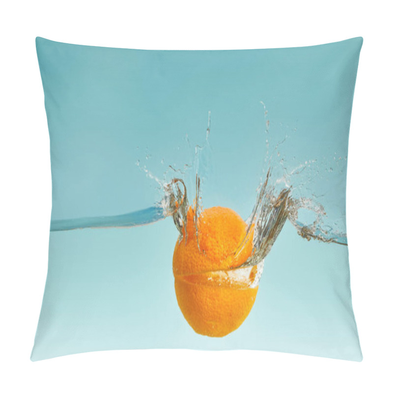 Personality  Cut Orange Falling In Water With Splashes On Blue Background Pillow Covers