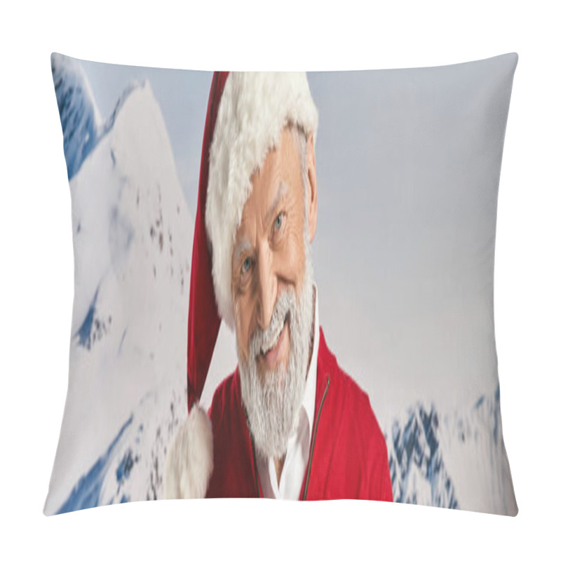 Personality  Cheerful White Bearded Santa Smiling At Camera With Snowy Mountain Backdrop, Winter Concept, Banner Pillow Covers