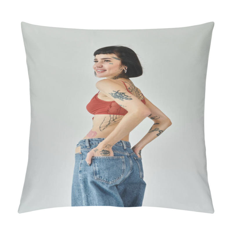 Personality  A Confident Woman Models Trendy Attire, Revealing Artistic Body Ink. Pillow Covers