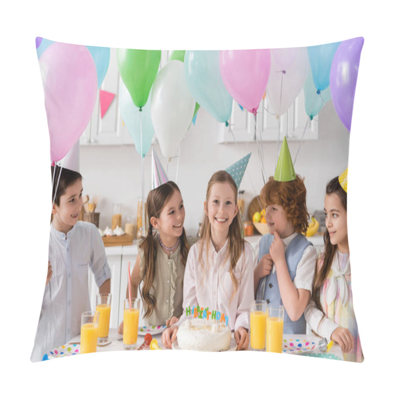 Personality  Group Of Happy Children In Party Caps Having Fun During Birthday Celebration Next To Balloons At Home  Pillow Covers