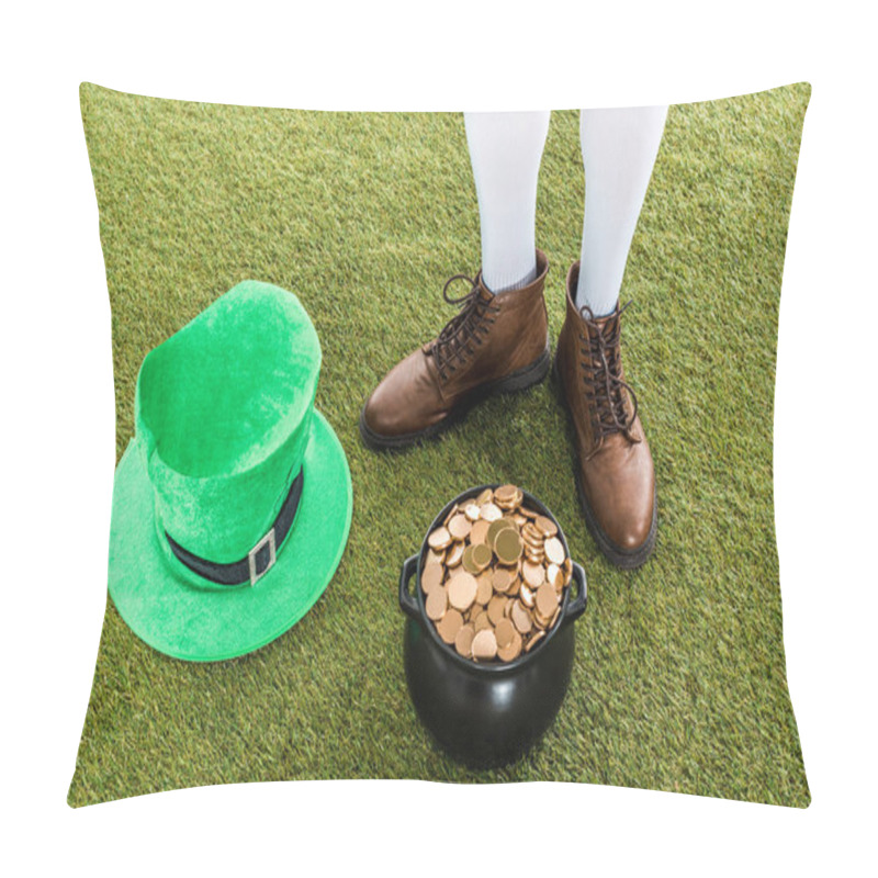 Personality  Cropped View Of Leprechaun With Pot Of Gold And Hat On Green Grass Pillow Covers