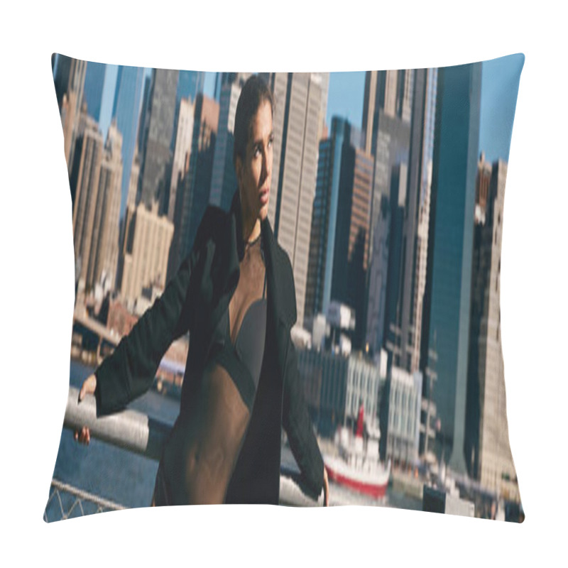 Personality  A Young Woman Dances Freely On A New York City Pier, The City Skyline Stretching Out Behind Her. Pillow Covers