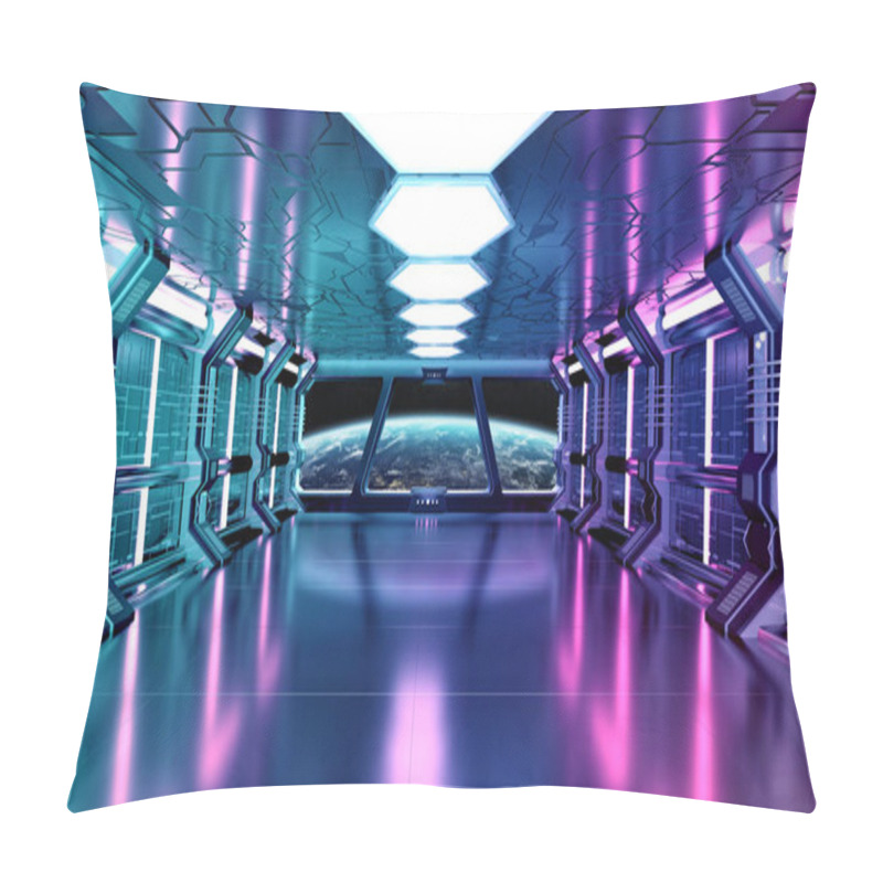 Personality  Dark Blue Pink Spaceship Futuristic Interior With Window View On Pillow Covers