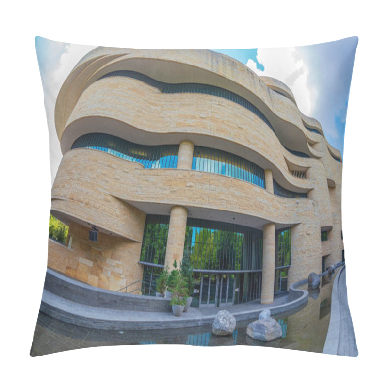 Personality  WASHINGTON DC, USA-SEPTEMBER 4, 2018: Detail Of Facade At National Museum Of The American Indian Dedicated To The Life,languages,literature,history And Arts Of The Native Americans.Wide Angle View. Pillow Covers