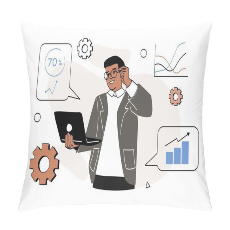 Personality  Business Analyze Concept. Man With Laptop Looks At Graphs And Charts. Marketing Research, Analytical Department Of Company. Businessman Evaluates Expenses And Income. Cartoon Flat Vector Illustration Pillow Covers