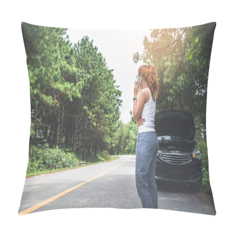 Personality  Women The Car Was Broken On The Highway. Countryside. Women Broken Car Pillow Covers