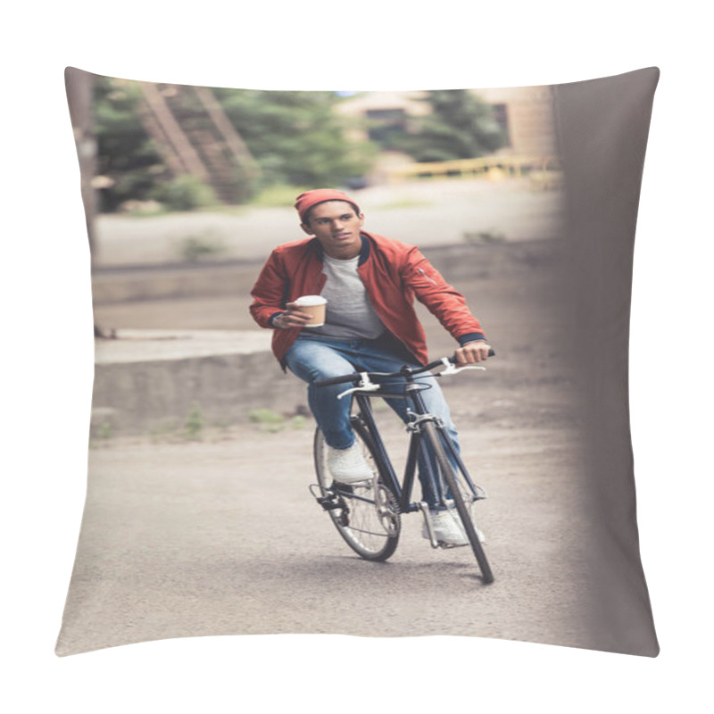 Personality  Man With Bicycle And Coffee To Go Pillow Covers