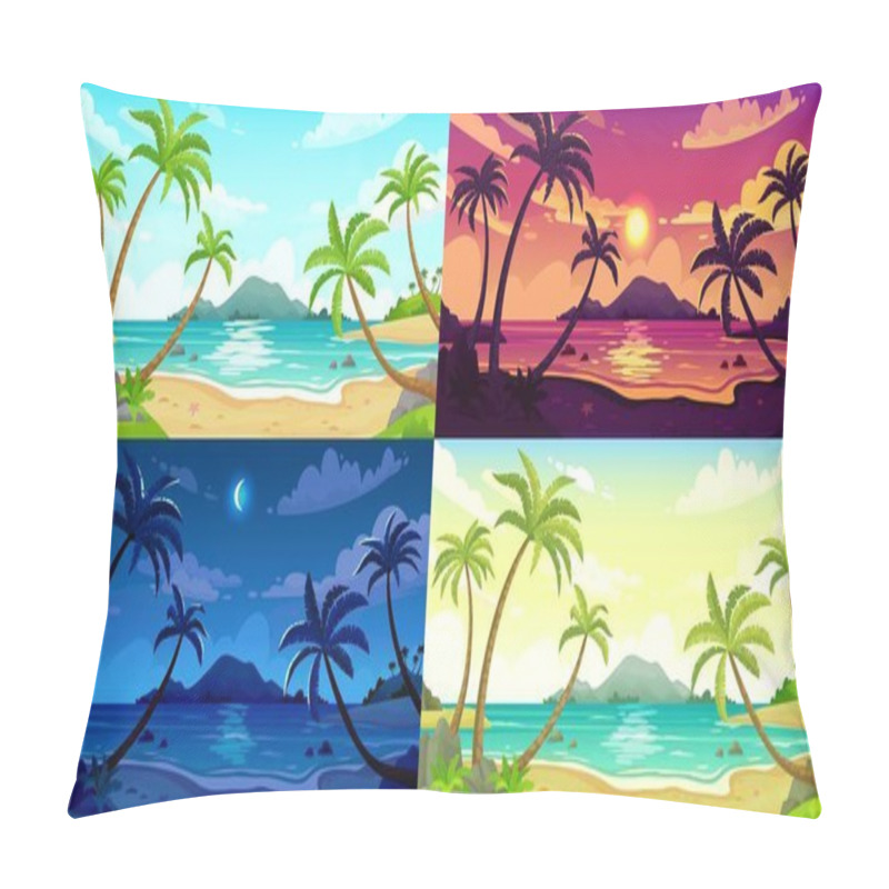 Personality  Daytime Beach Landscape. Sunny Day Seascape, Night Ocean And Sunset Beach Cartoon Vector Illustration Set Pillow Covers