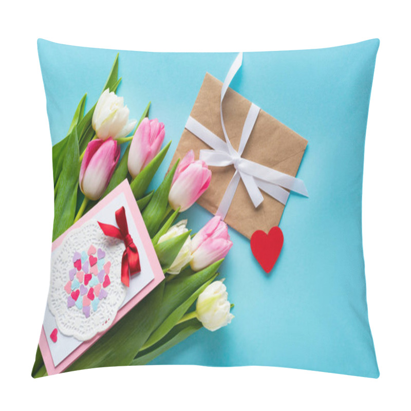 Personality  Top View Of Greeting Card On Tulips With Envelope And Heart Shaped Paper On Blue Background Pillow Covers