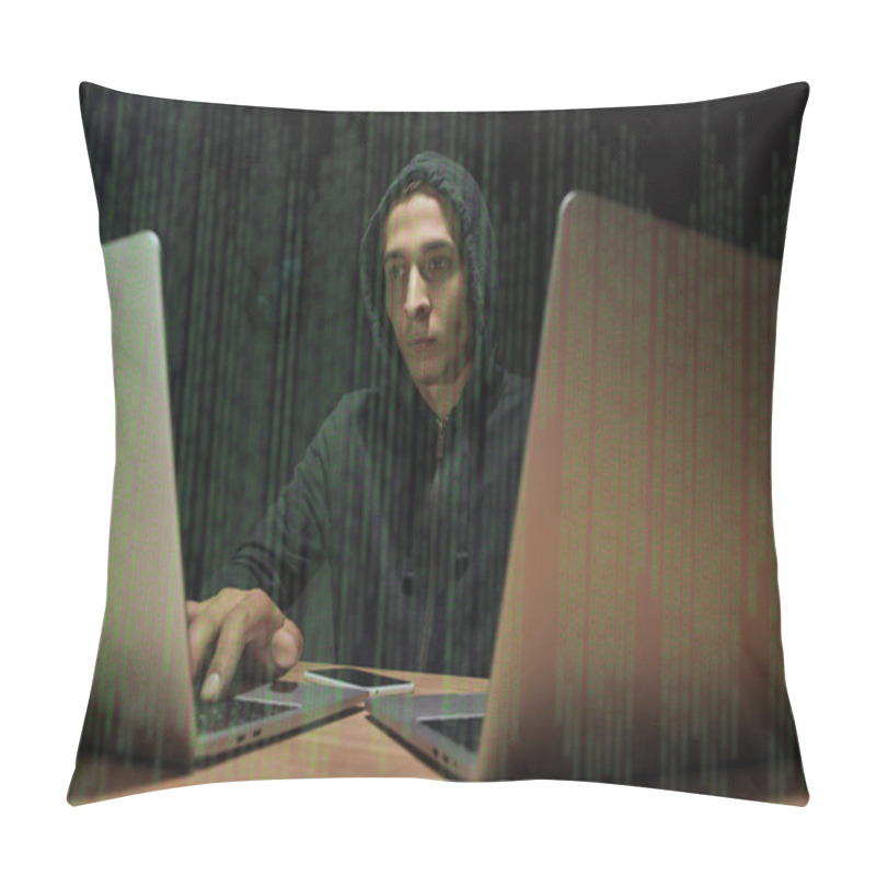 Personality  Portrait Of Hacker In Black Hoodie Using Laptops At Tabletop With Smartphone, Cyber Security Concept Pillow Covers