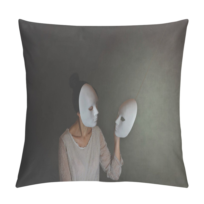 Personality  Woman With Mask Chooses Another Mask Of Herself, The Concept Of Introspection Pillow Covers