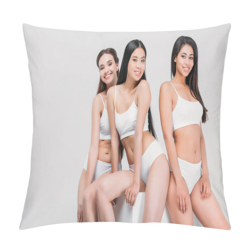 Personality  Attractive Multiethnic Girls In Underwear Posing On White Cube, Isolated On Grey Pillow Covers