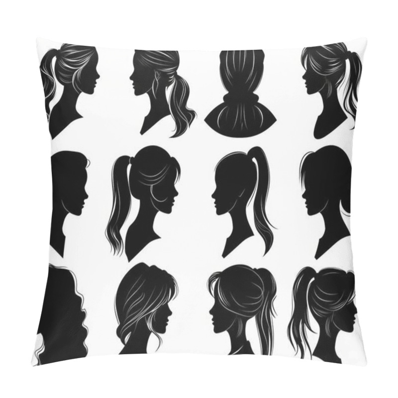 Personality  Diverse Silhouettes Of Women Showcasing Various Hairstyles And Fashions, Emphasizing Femininity And Style. Pillow Covers