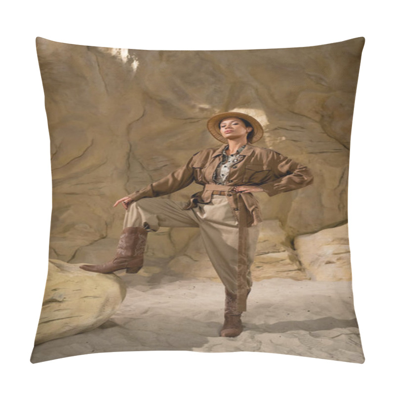 Personality  Young Archaeologist In Safari Style Clothes And Cowboy Boots Posing Near Stone In Desert Pillow Covers