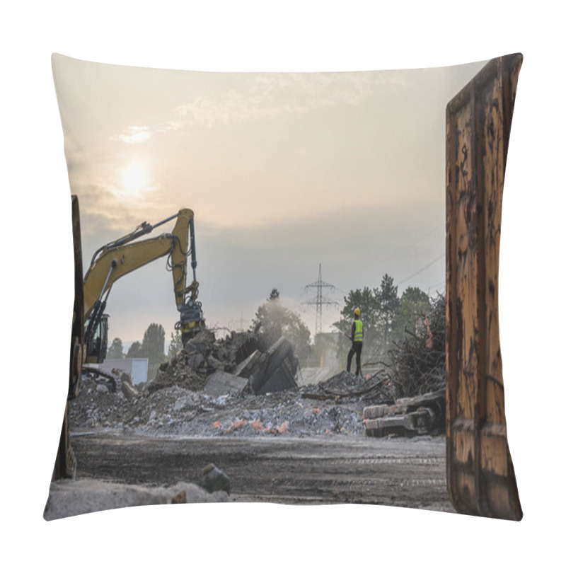 Personality  Building House Destruction Demolition Site Excavator With Hydraulic Crusher Machine Ruin House Pillow Covers