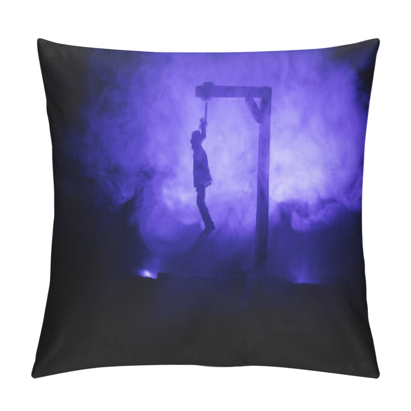 Personality  Horror View Silhouette Of Hanged Man On Scaffold At Night With Fog And Toned Light On Background. Execution (or Suicide) Decoration. Horror Halloween Concept. Pillow Covers