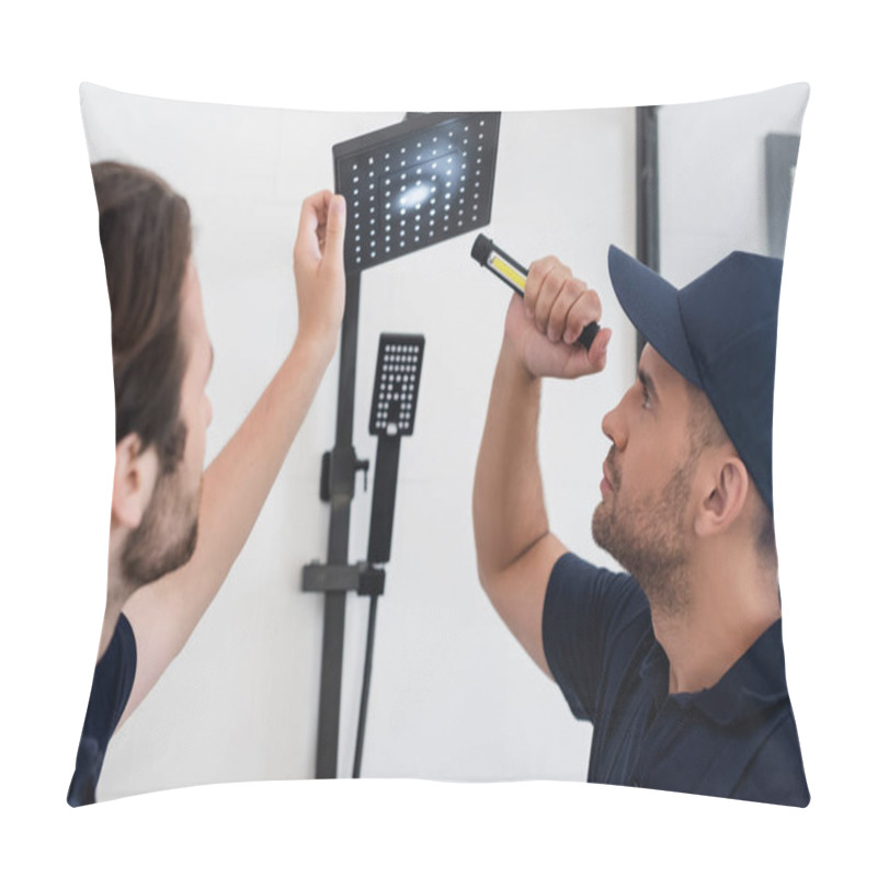 Personality  Plumbers With Flashlight Looking At Shower Head In Bathroom Pillow Covers