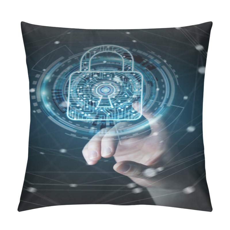 Personality  Businesswoman Using Digital Padlock To Secure Her Datas 3D Rende Pillow Covers