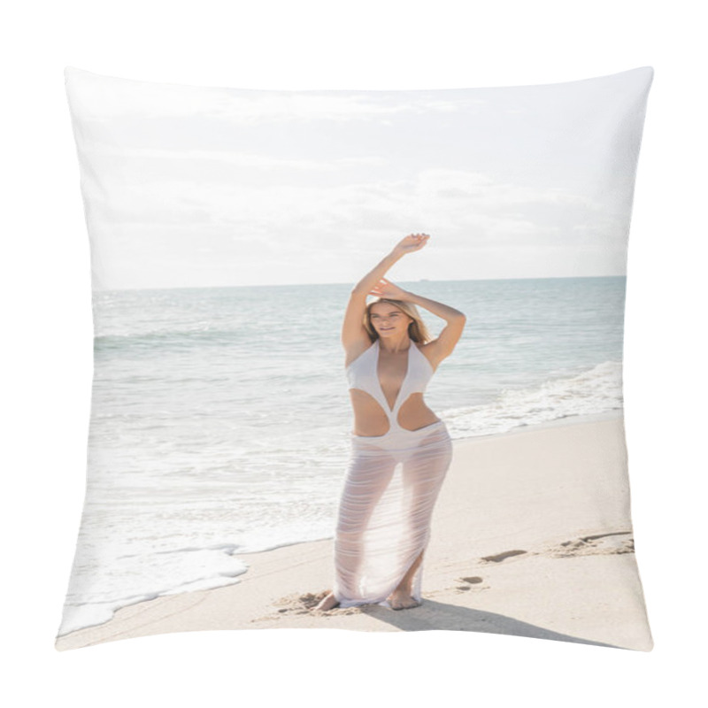 Personality  A Young Blonde Woman Stands Gracefully On Miami Beachs Sandy Shore, Embracing The Peaceful Solitude Around Her. Pillow Covers