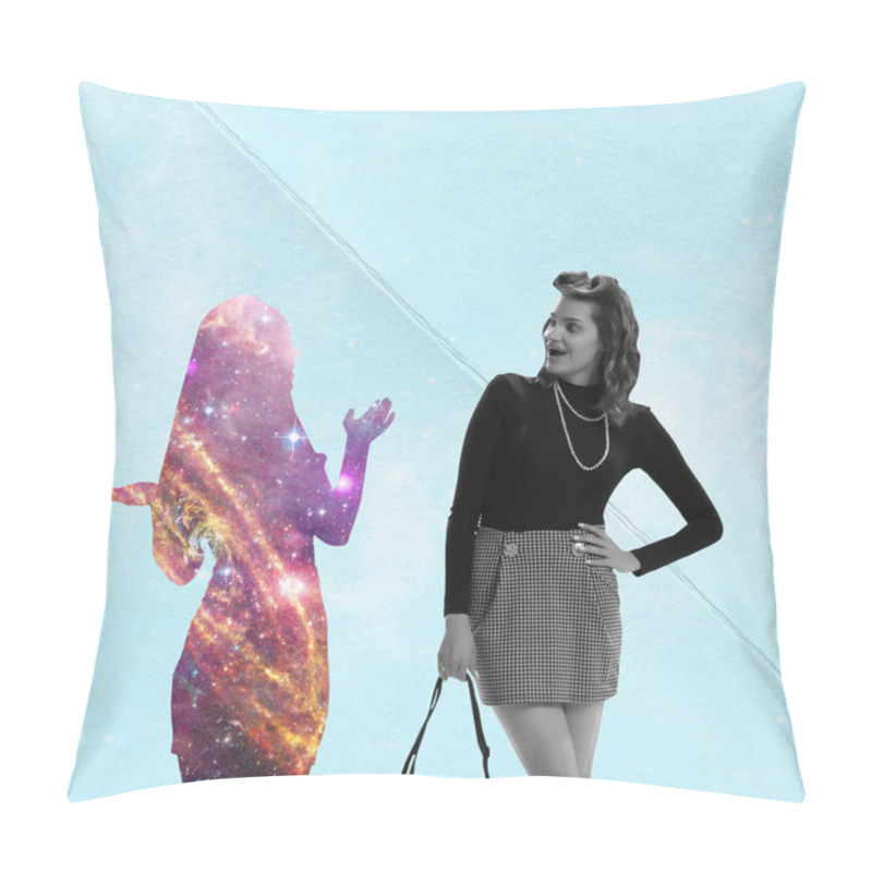 Personality  Contemporary Art Collage. Stylish Young Woman Walking With Female Silhouette. Illusion Talk. Concept Of Creativity, Surrealism, Imagination, Relationship, Inspiration, Retro Style Pillow Covers