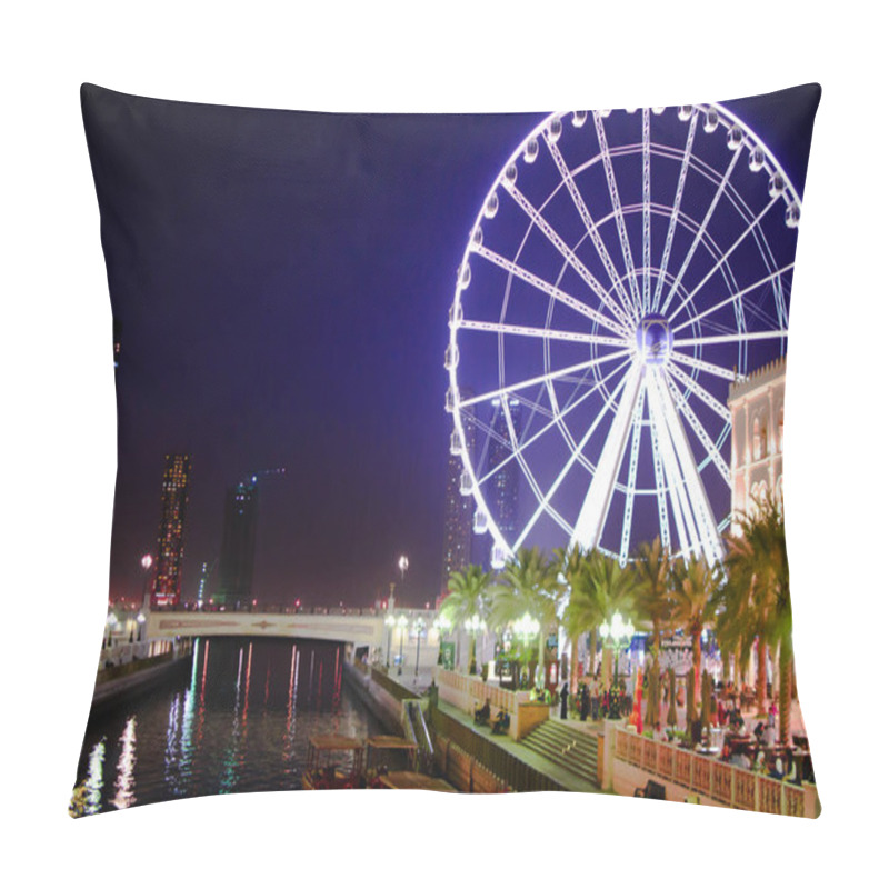 Personality  Giant Ferry Wheel And Water Canal In Park With Blue Sky Background At Night Pillow Covers