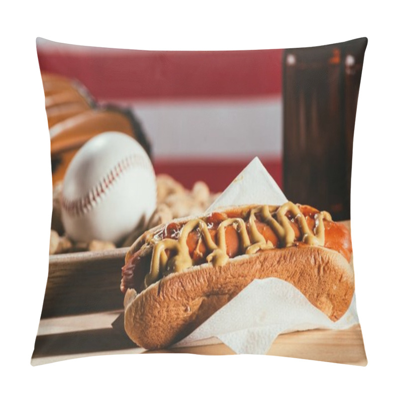 Personality  Close-up View Of Hot Dog, Baseball Bat And Sport Equipment On Wooden Table Pillow Covers