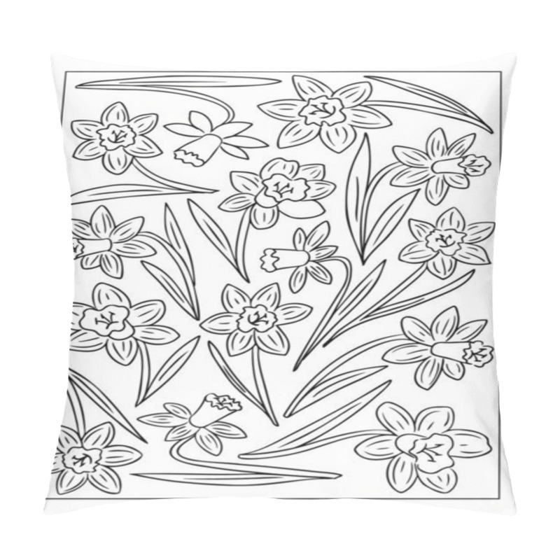 Personality  Line Art Illustration Of Daffodils With Intricate Floral Patterns And Leaves, Ideal For Coloring Books Or Artistic Designs. Vector Hand Drawn Outline Illustration Isolated On White Background Pillow Covers