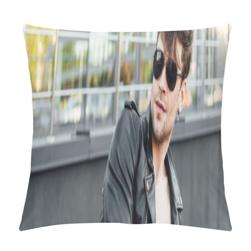 Personality  Panoramic Shot Of Handsome Motorcyclist With Naked Torso In Sunglasses Resting While Sitting On Motorcycle And Looking Away Pillow Covers