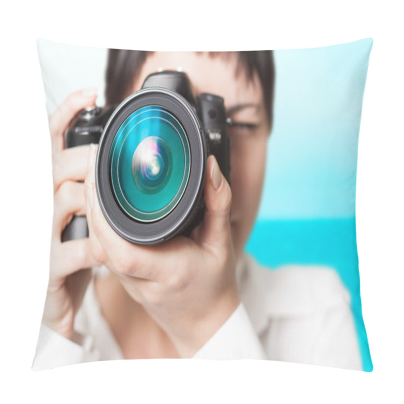 Personality  Woman Photographer With Camera Pillow Covers