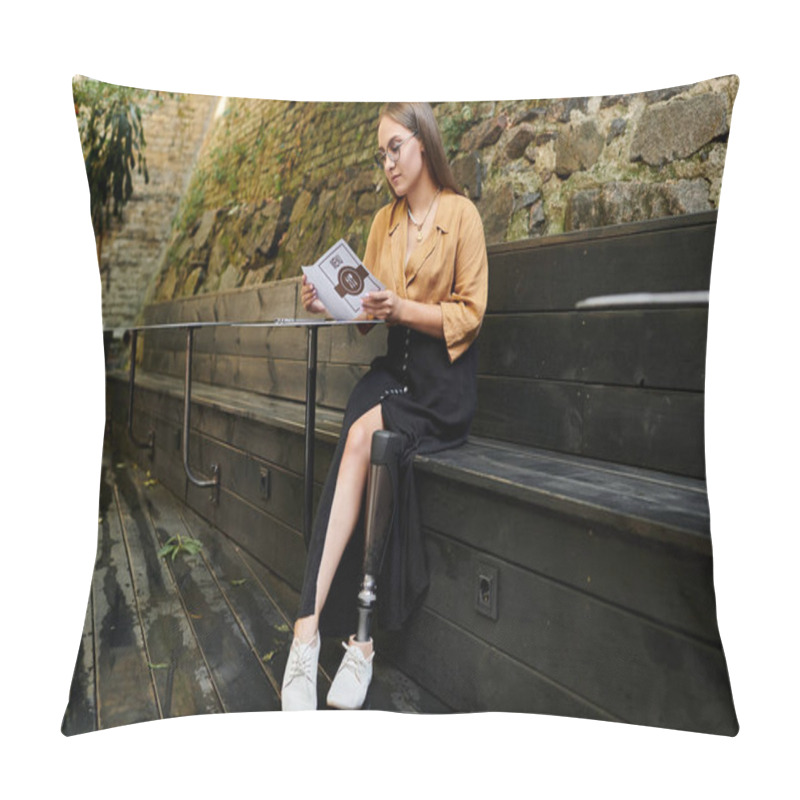 Personality  In A Charming Cafe, A Young Woman With A Prosthetic Leg Reads A Menu, Enjoying A Moment Of Calm And Leisure. Pillow Covers