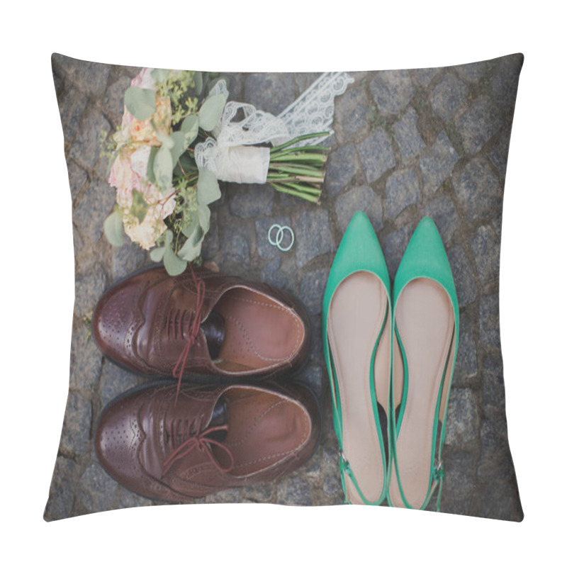 Personality  Wedding Bouquet, Shoes, Rings On The Stone Tile Pillow Covers