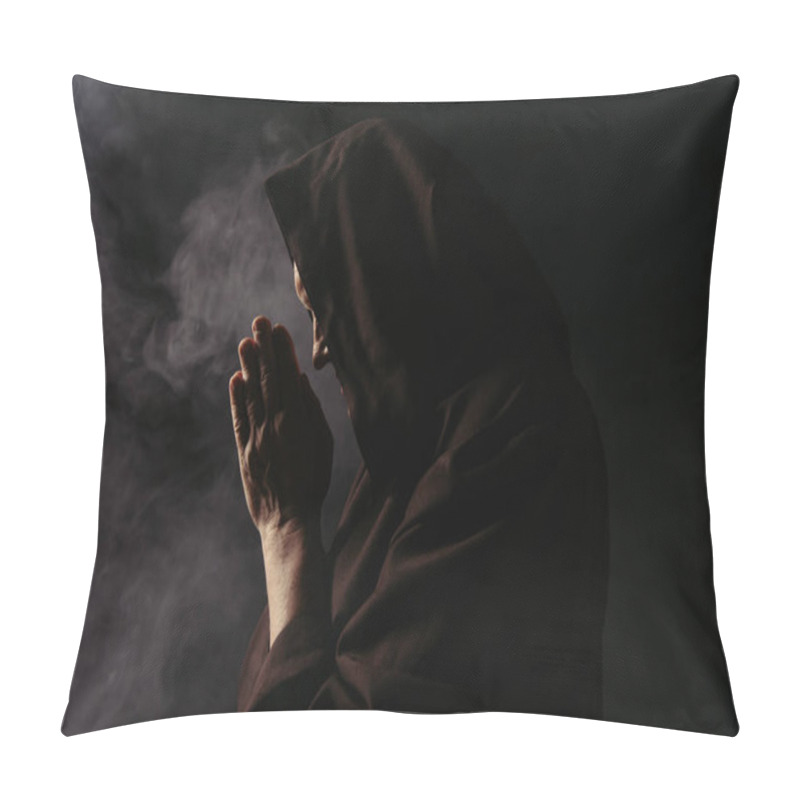 Personality  Side View Of Priest With Face Obscured By Hood Praying On Black With Smoke Pillow Covers