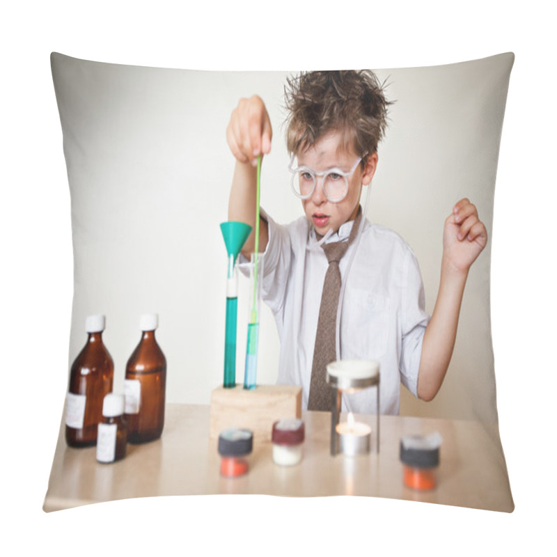 Personality  Crazy Scientist. Young Boy Performing Experiments Pillow Covers