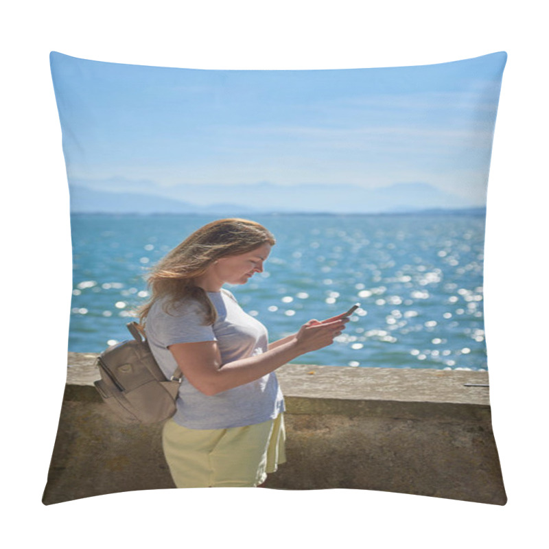 Personality  Woman Capturing Scenic Photos By A Sparkling Lake On A Sunny Day With Majestic Mountain Views. Idyllic Lakeside Setting Showcases Natural Beauty And Outdoor Adventure In A Serene European Landscape Pillow Covers