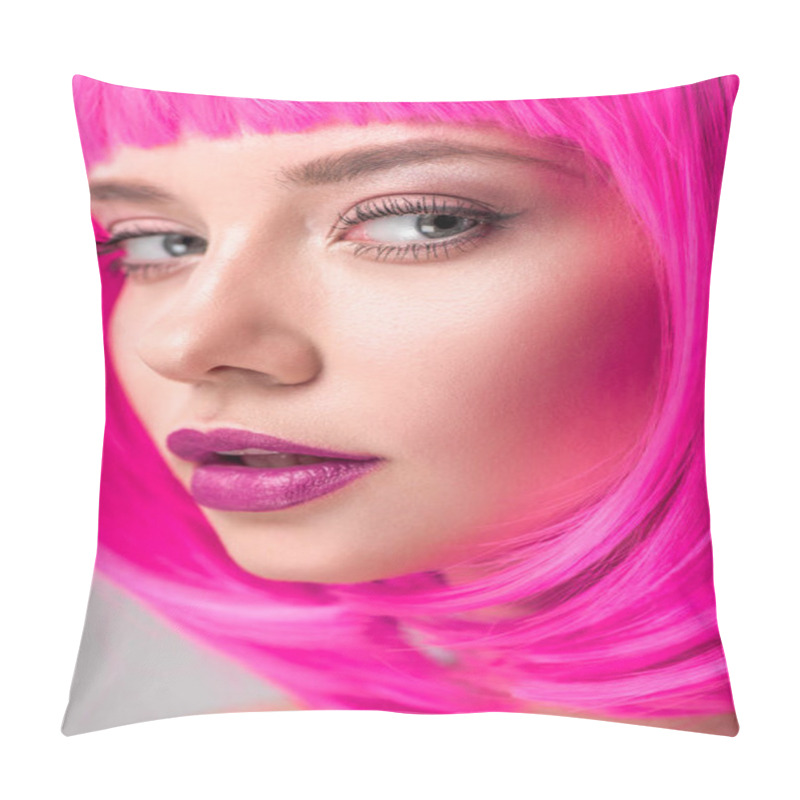 Personality  Attractive Young Woman With Pink Bob Cut Looking At Camera Pillow Covers