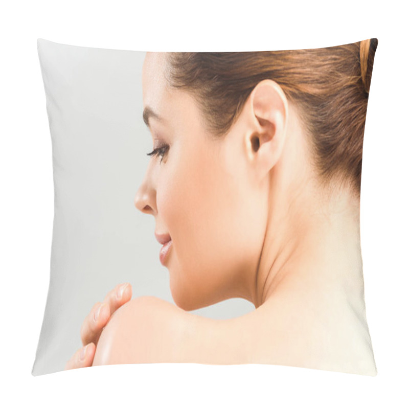 Personality  Close Up Of Cheerful Woman Touching Shoulder Isolated On Grey  Pillow Covers