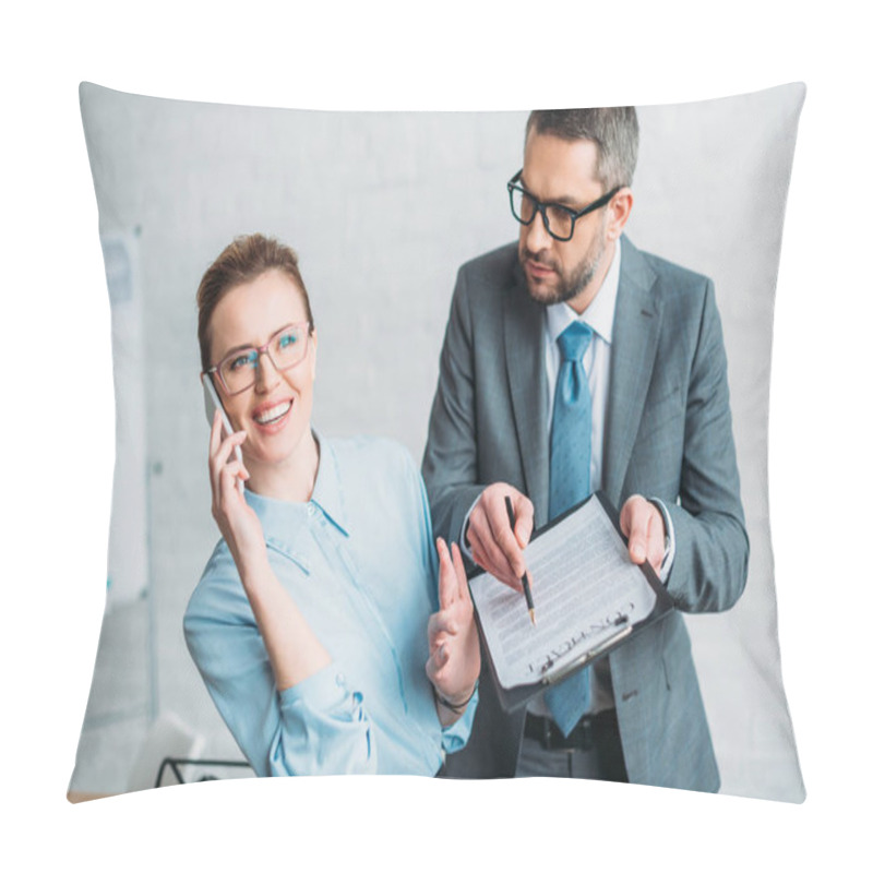 Personality  Businessman Asking His Colleague To Sign Document While She Talking By Phone And Annoying Him Pillow Covers