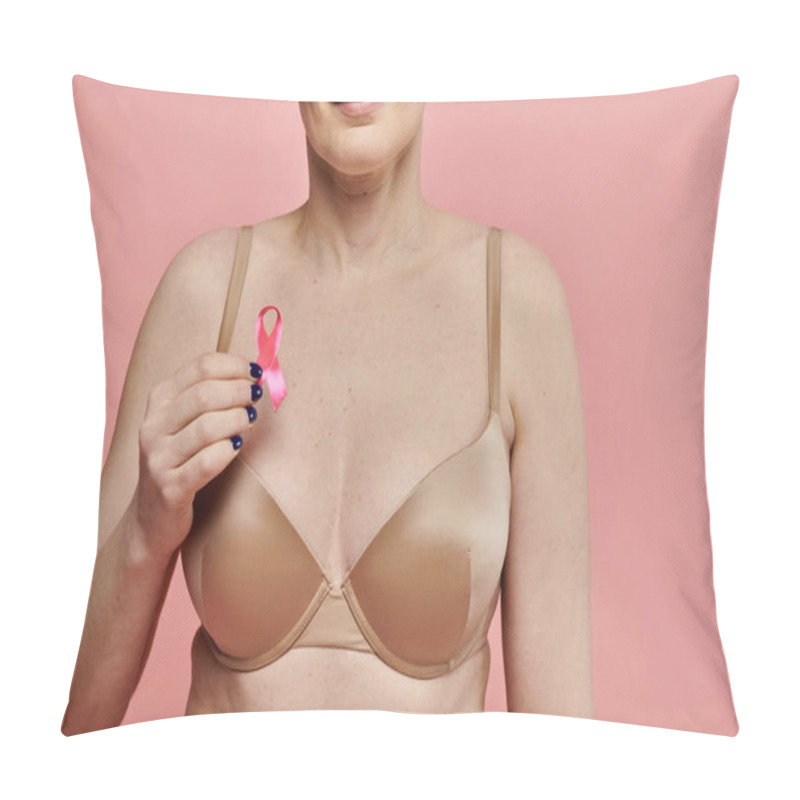 Personality  A Woman With Short Hair Holds A Pink Ribbon In Front Of Her Chest, Symbolizing Breast Cancer Awareness. Pillow Covers