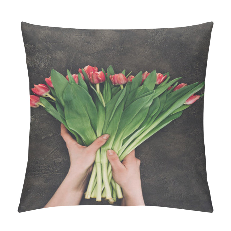 Personality  Cropped Shot Of Person Holding Beautiful Pink Tulips With Green Leaves Pillow Covers