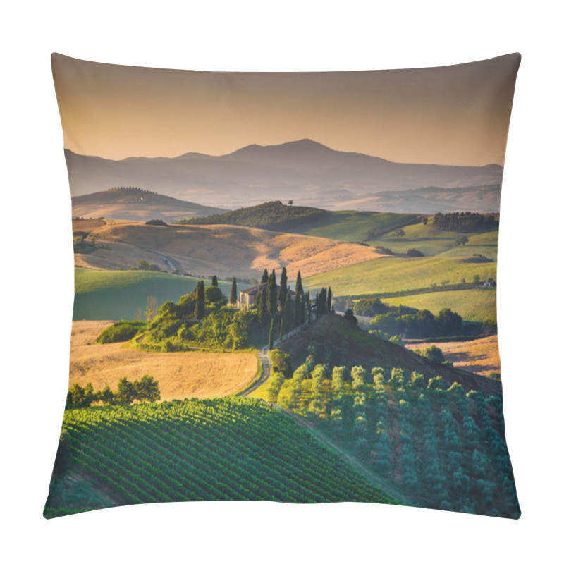 Personality  Scenic Tuscany Landscape With Rolling Hills And Valleys In Golden Morning Light Pillow Covers