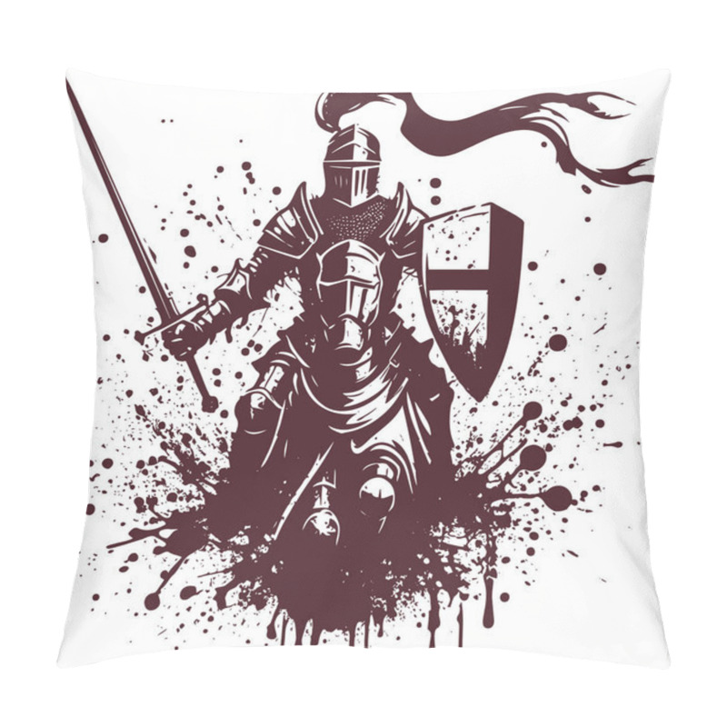 Personality  Medieval Knight With A Sword And Shield In Armor Sits On A Horse Abstract Vector Stencil Drawing Pillow Covers