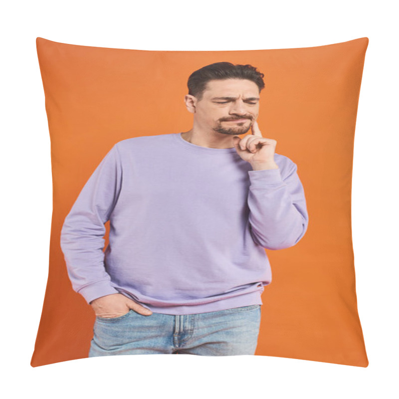 Personality  Bearded Man In Purple Sweater And Jeans Suffering From Pain In His Tooth On Orange Background Pillow Covers